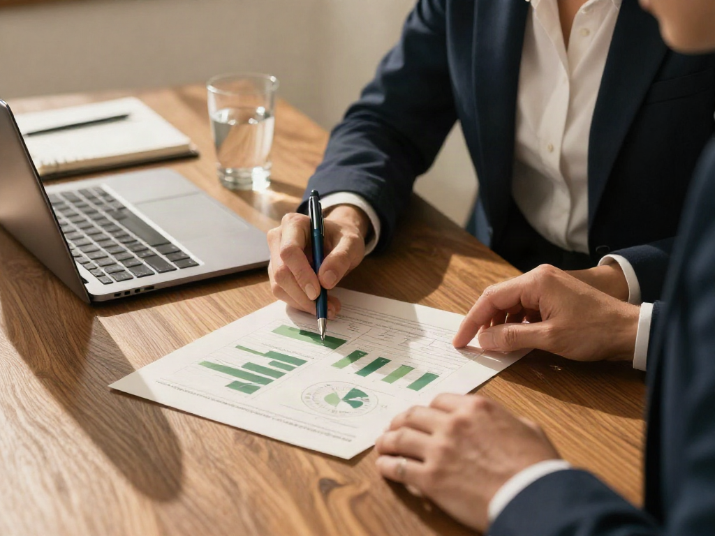 A close-up of consultants examining charts and a business performance report