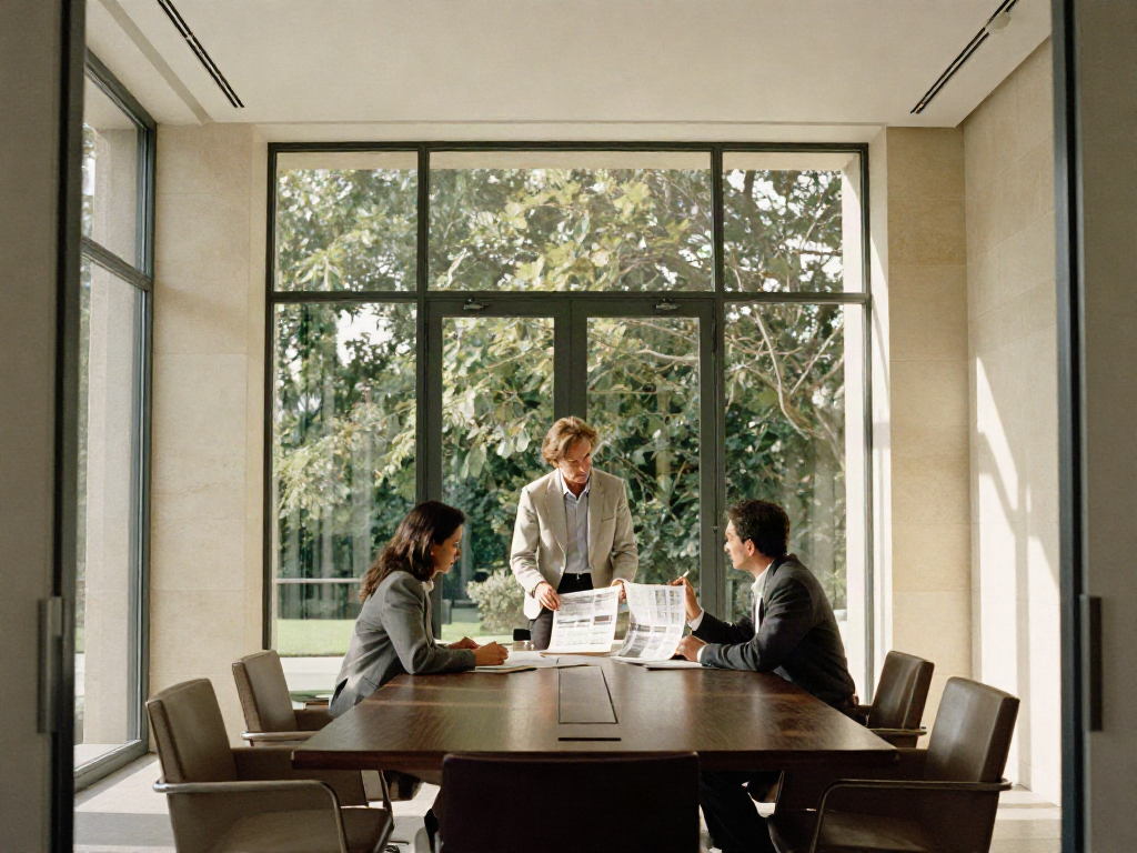 Consultants reviewing business performance together in a sunlit boardroom